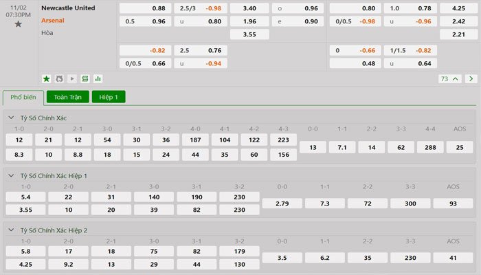 Tỷ lệ kèo Newcastle vs Arsenal