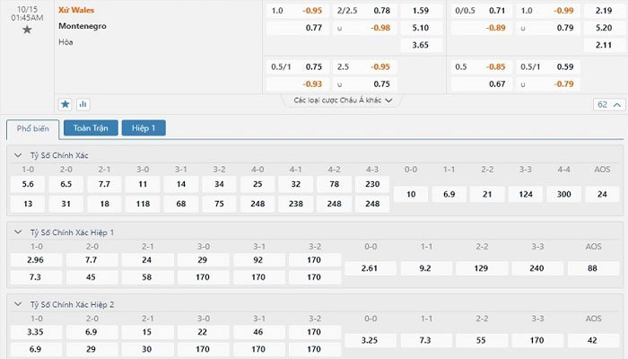Tỷ lệ kèo Wales vs Montenegro