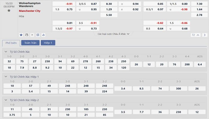 Tỷ lệ kèo Wolves vs Manchester City