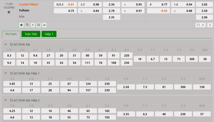 Tỷ lệ kèo Crystal Palace vs Fulham