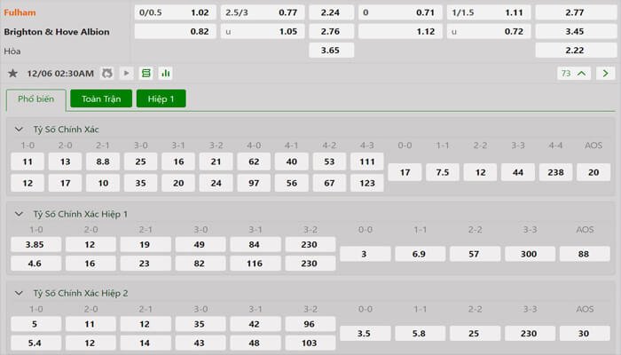 Tỷ lệ kèo Fulham vs Brighton