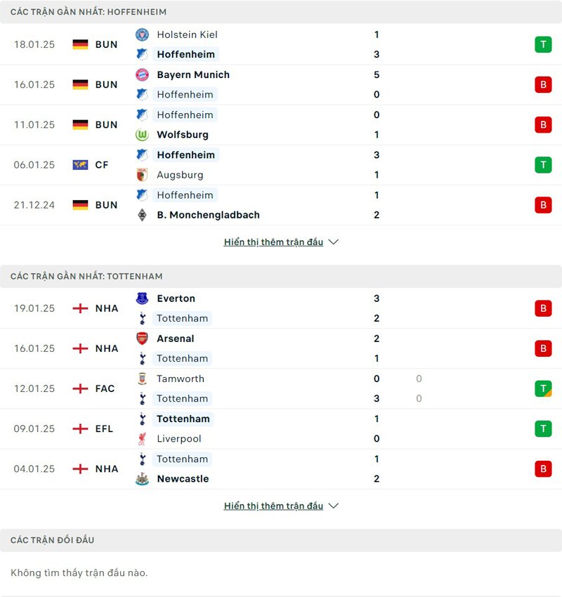Lịch sử đối đầu Hoffenheim vs Tottenham