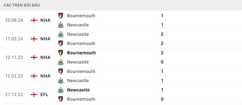 Lịch sử đối đầu Newcastle vs Bournemouth