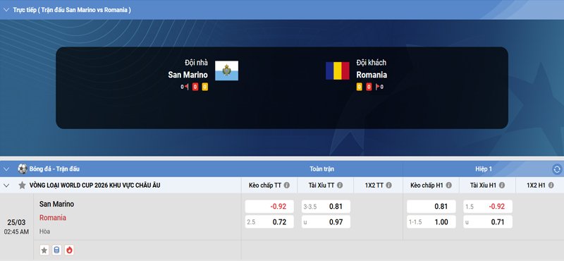 Tỷ lệ kèo San Marino vs Romania